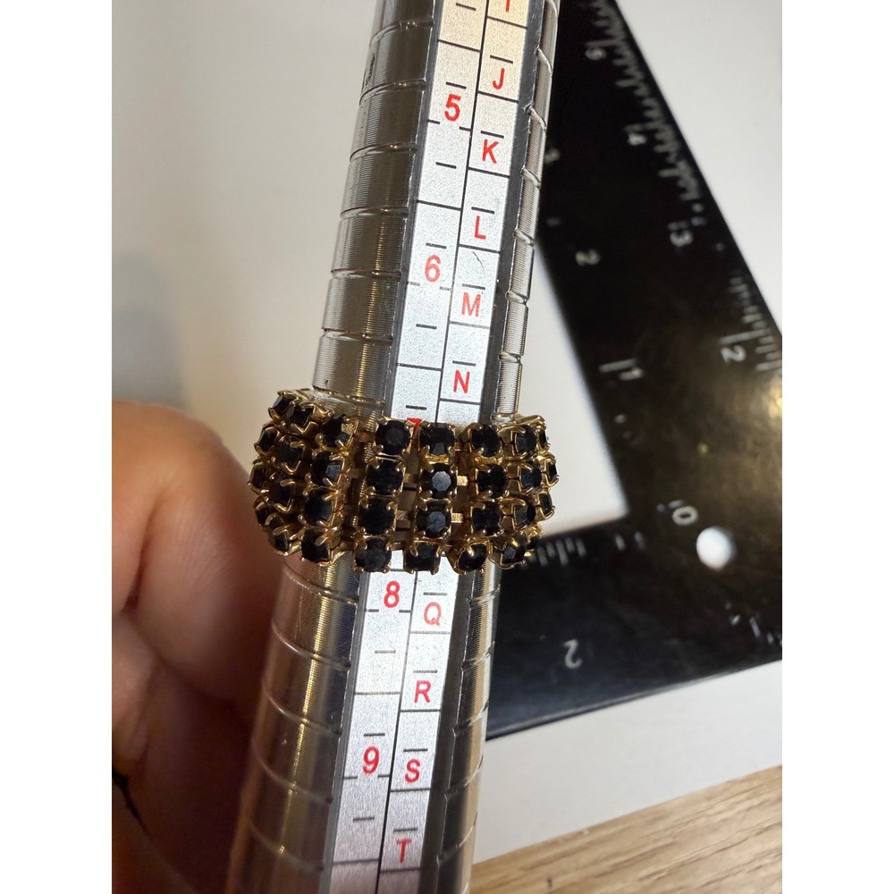 Gold Tone Black Rhinestone 4 Row Stretch Statement Ring Size 7+